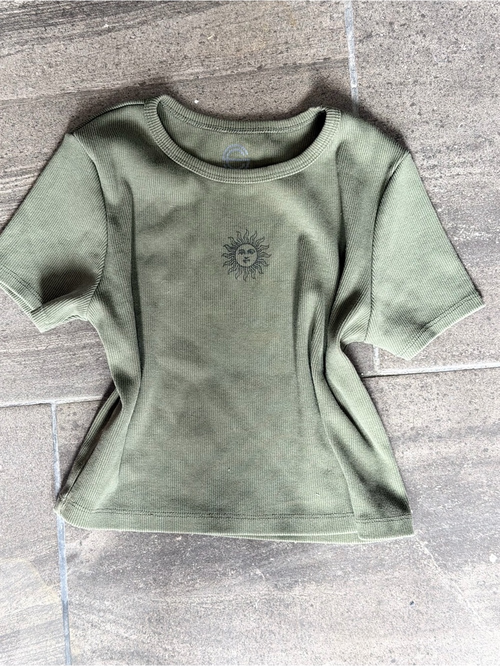 Women's Olive Green Ribbed Crop Top with Sun Motif